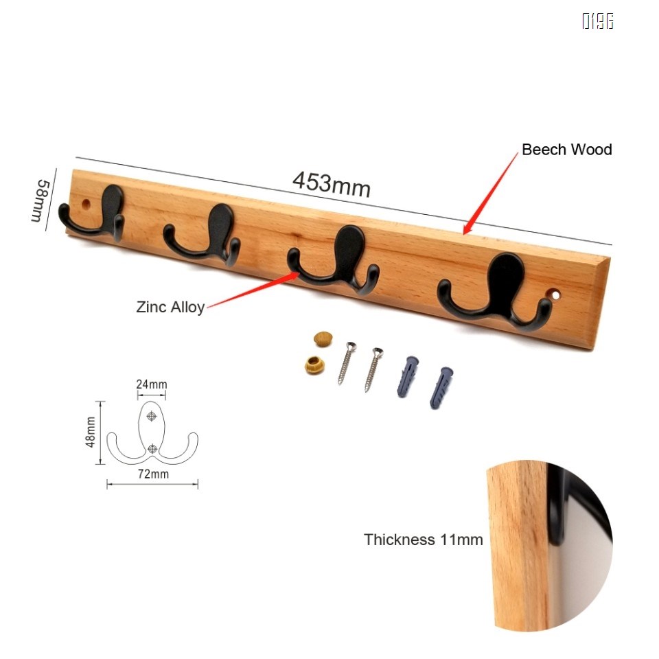 Household wooden  double hook coat rack -4 double hooks - wall hanging - decorative home storage - entrance  foyer corridor bathroom bedroom railing - high quality beech