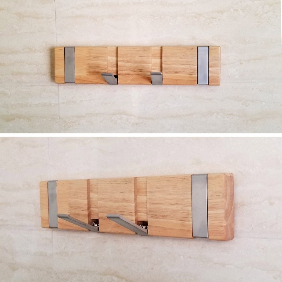 4 hook wooden  floating skateboard beech hangers – modern, stylish, space-saving hangers with 4 retractable zinc alloy hooks for hanging jackets, scarves, wallets, etc.