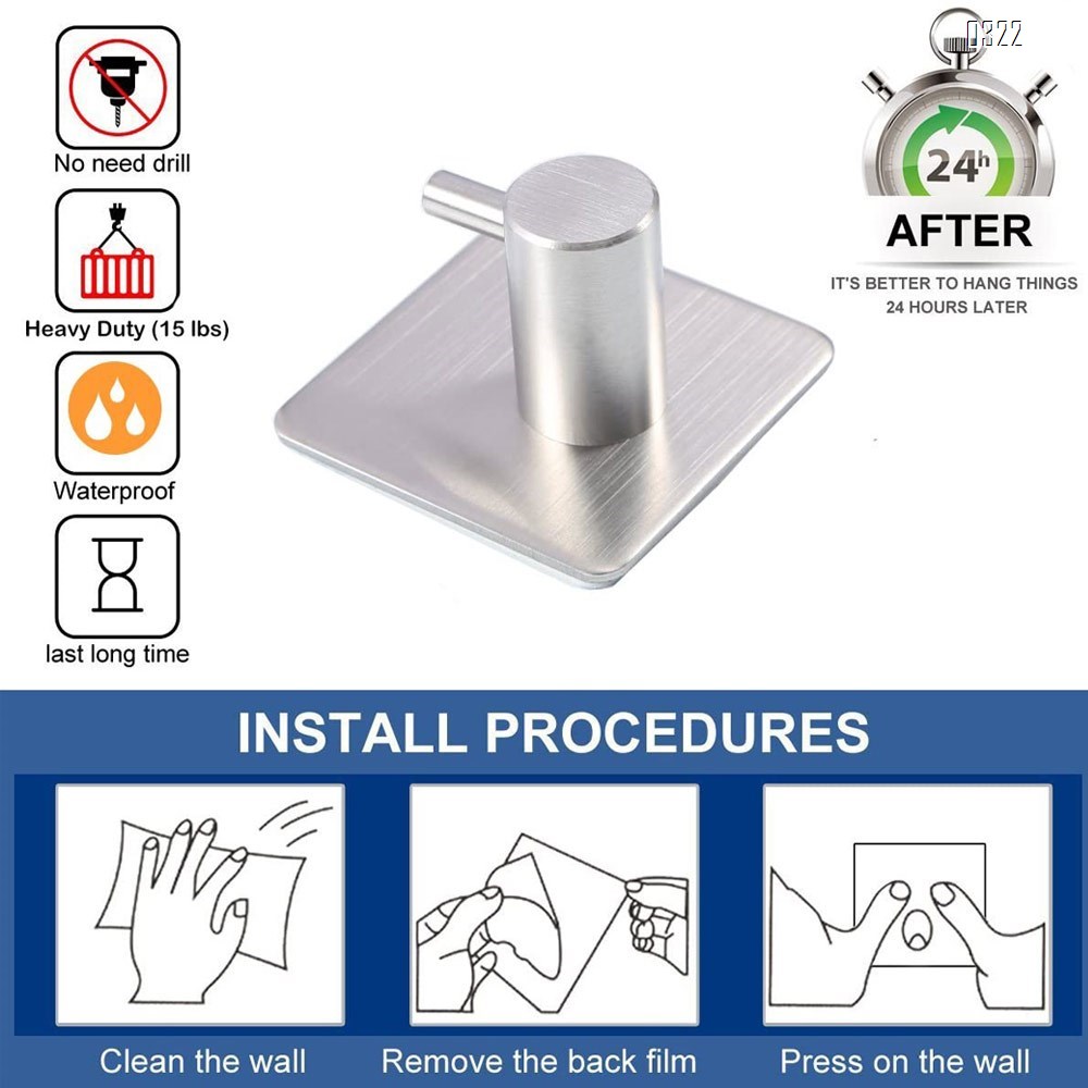 Adhesive Hooks Heavy Duty Wall Hooks Waterproof Stainless Steel Hooks for Hanging Coat, Hat,Towel Robe Hook Rack Wall Mount- Bathroom and Bedroom