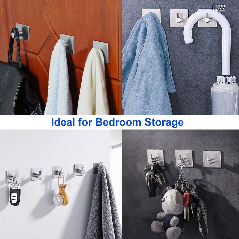 Adhesive Hooks Heavy Duty Wall Hooks Waterproof Stainless Steel Hooks for Hanging Coat, Hat,Towel Robe Hook Rack Wall Mount- Bathroom and Bedroom