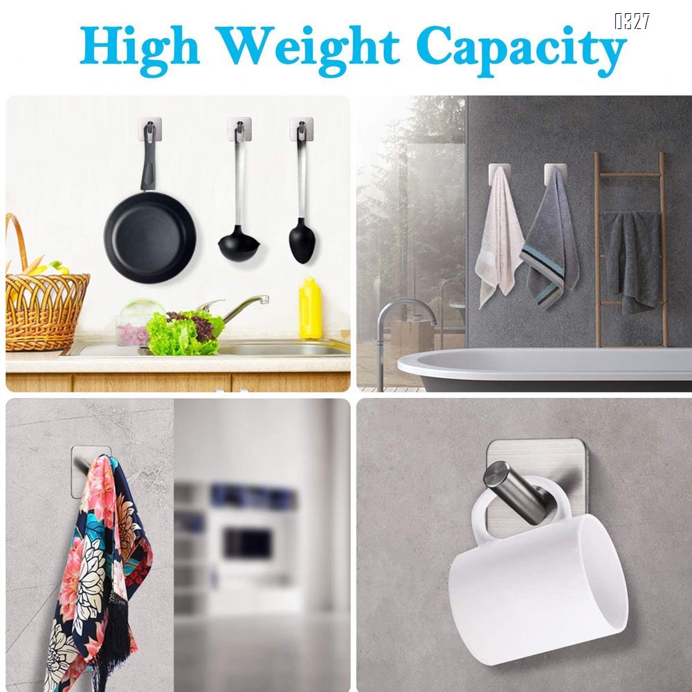 Adhesive Wall Hooks Heavy Duty Hooks for Hanging Wall Hangers Stick on Shower Home Bathroom Kitchen Door Ideal for Robes, Umbrellas, Clothes, Bags, Coats, Keys - Stainless Steel