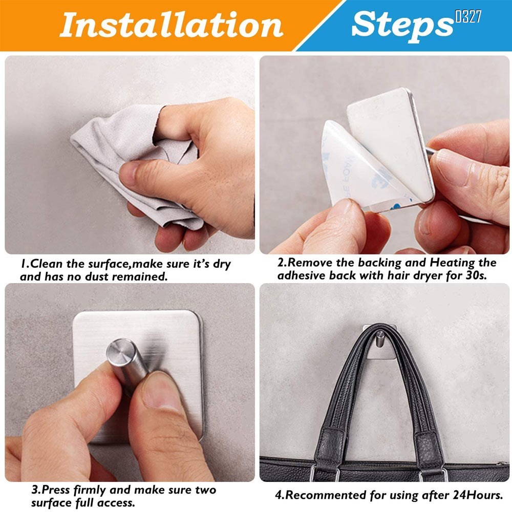 Adhesive Wall Hooks Heavy Duty Hooks for Hanging Wall Hangers Stick on Shower Home Bathroom Kitchen Door Ideal for Robes, Umbrellas, Clothes, Bags, Coats, Keys - Stainless Steel