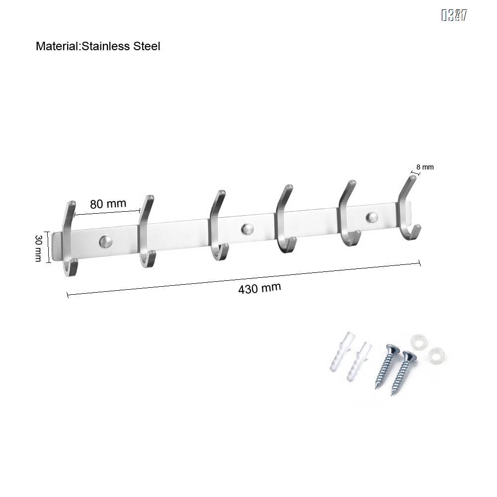 Coat Rack Wall Mounted - 6 Double Hooks, Heavy Duty, Stainless Steel, Metal Coat Hook Rail for Coat Hat Towel Purse Robes Mudroom Bathroom Entryway