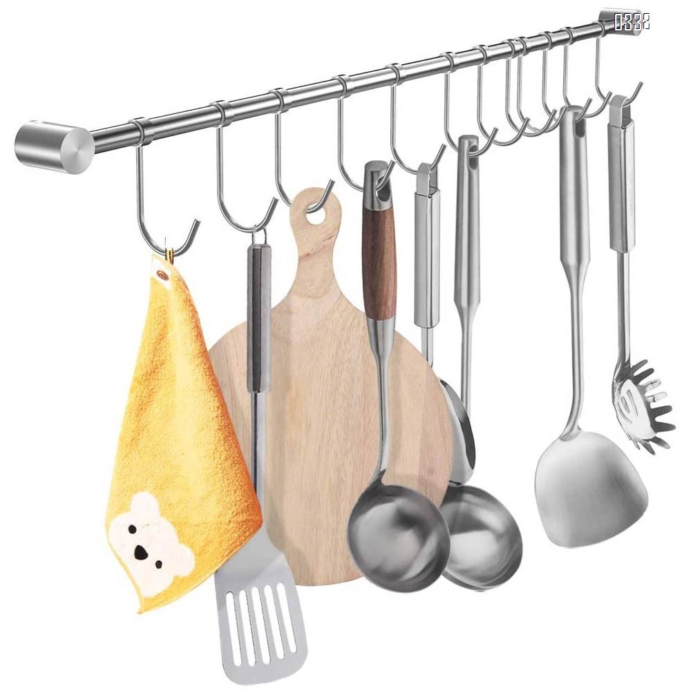Kitchen Utensil Hangers Hooks, More Thick Stainless Steel Kitchen Utensil Wall Hanging Rod Hanger Rack Wall Mount Pot Rack Utensil Hanging Rack (10 Sliding Hooks).