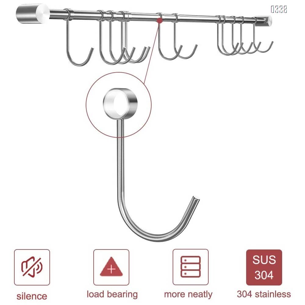 Kitchen Utensil Hangers Hooks, More Thick Stainless Steel Kitchen Utensil Wall Hanging Rod Hanger Rack Wall Mount Pot Rack Utensil Hanging Rack (10 Sliding Hooks).