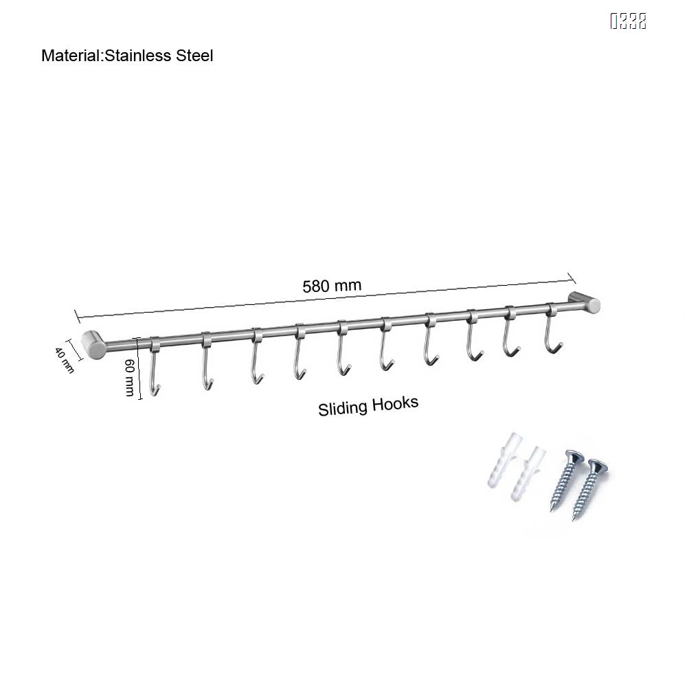 Kitchen Utensil Hangers Hooks, More Thick Stainless Steel Kitchen Utensil Wall Hanging Rod Hanger Rack Wall Mount Pot Rack Utensil Hanging Rack (10 Sliding Hooks).