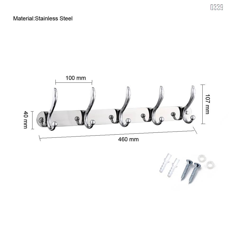 Wall Mounted Coat Rack with 5 Hooks for Hanging Coats - Heavy Duty Stainless Steel Metal Coat Hook Rail, Hook Rack, Hat and Coat Rack, Chromed