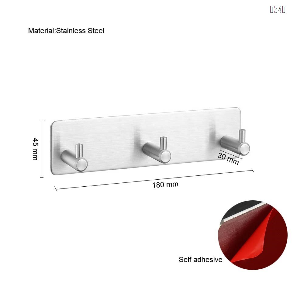 Self Adhesive Wall Mounted Hook Stainless Steel Coat Rack Shelf Rail with 3 Hooks  Door Hanging Holder Waterproof Hanger for Robe, Towel, Keys, Home, Kitchen