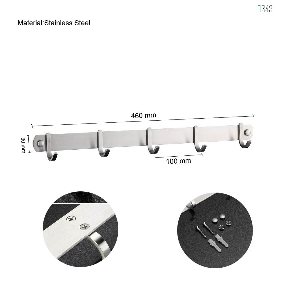Coat Hook Rack Wall Mounted 18-Inch SUS304 Stainless Steel Brushed Nickel Hook Rail with 5 Heavy Duty Hooks