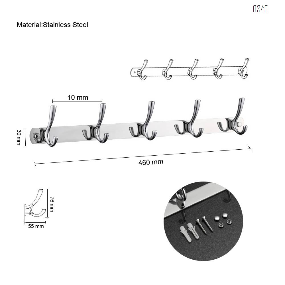 Mirror face Coat Hook Rack with 5 Round Hooks - Premium Modern Wall Mounted - Ultra durable with solid steel construction, stainless steel finish, Super easy installation, Rust and water proof