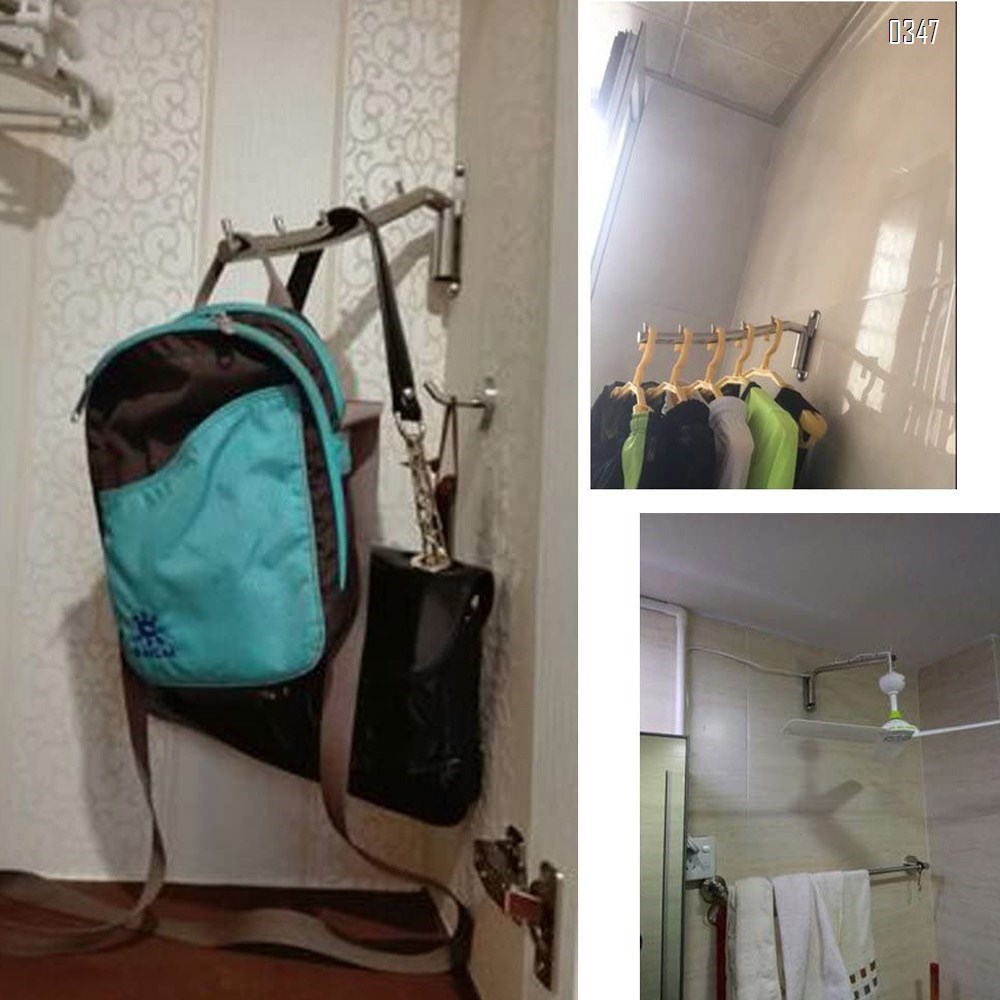 Swing 180 degrees Wall Mounted Clothes Hanger Rack, Stainless Steel Garment Hooks with Swing Arm Holder, Space Saver Clothing and Closet Rod Storage Organizer for Laundry Room Bedrooms Bathrooms