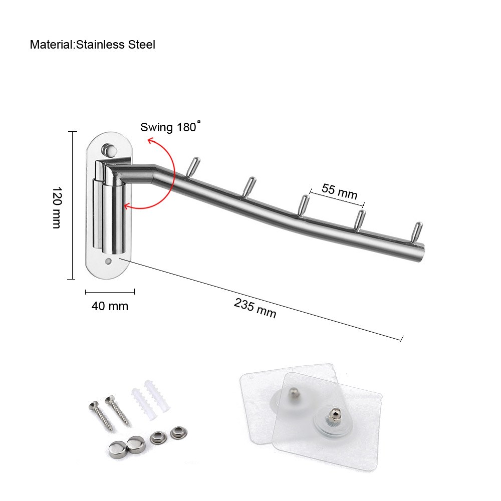 Swing 180 degrees Wall Mounted Clothes Hanger Rack, Stainless Steel Garment Hooks with Swing Arm Holder, Space Saver Clothing and Closet Rod Storage Organizer for Laundry Room Bedrooms Bathrooms