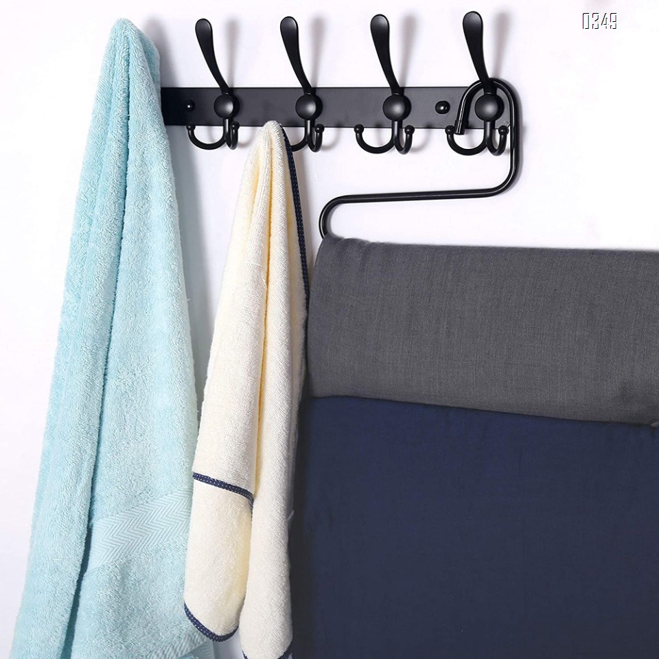 Black Coat Rack Wall Mounted - 5 Tri Hooks, Heavy Duty, Stainless Steel, Metal Coat Hook Rail for Coat Hat Towel Purse Robes Bathroom Entryway