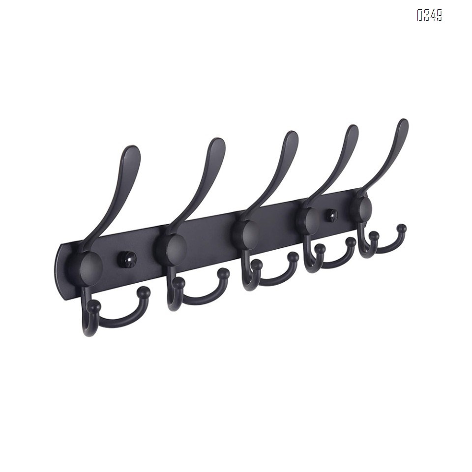 Black Coat Rack Wall Mounted - 5 Tri Hooks, Heavy Duty, Stainless Steel, Metal Coat Hook Rail for Coat Hat Towel Purse Robes Bathroom Entryway