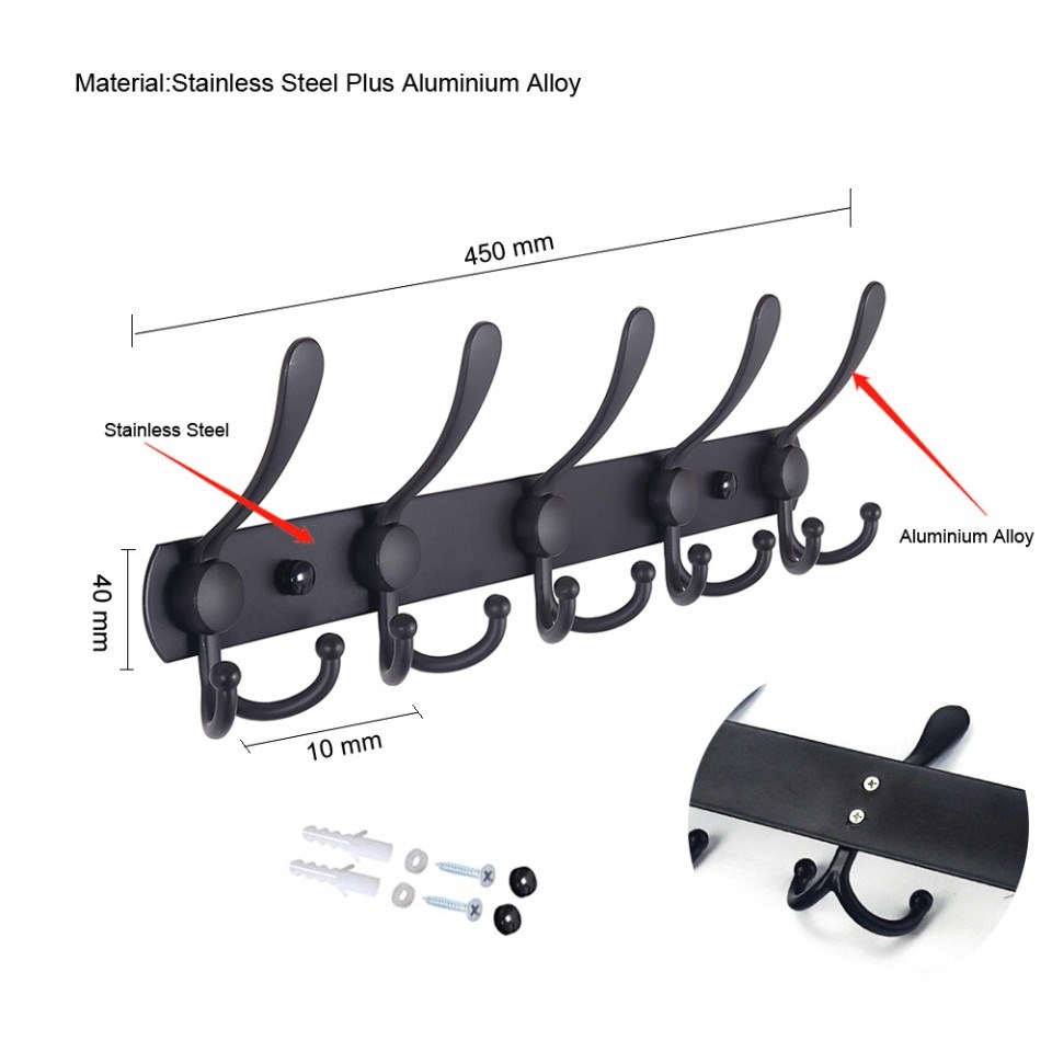 Black Coat Rack Wall Mounted - 5 Tri Hooks, Heavy Duty, Stainless Steel, Metal Coat Hook Rail for Coat Hat Towel Purse Robes Bathroom Entryway