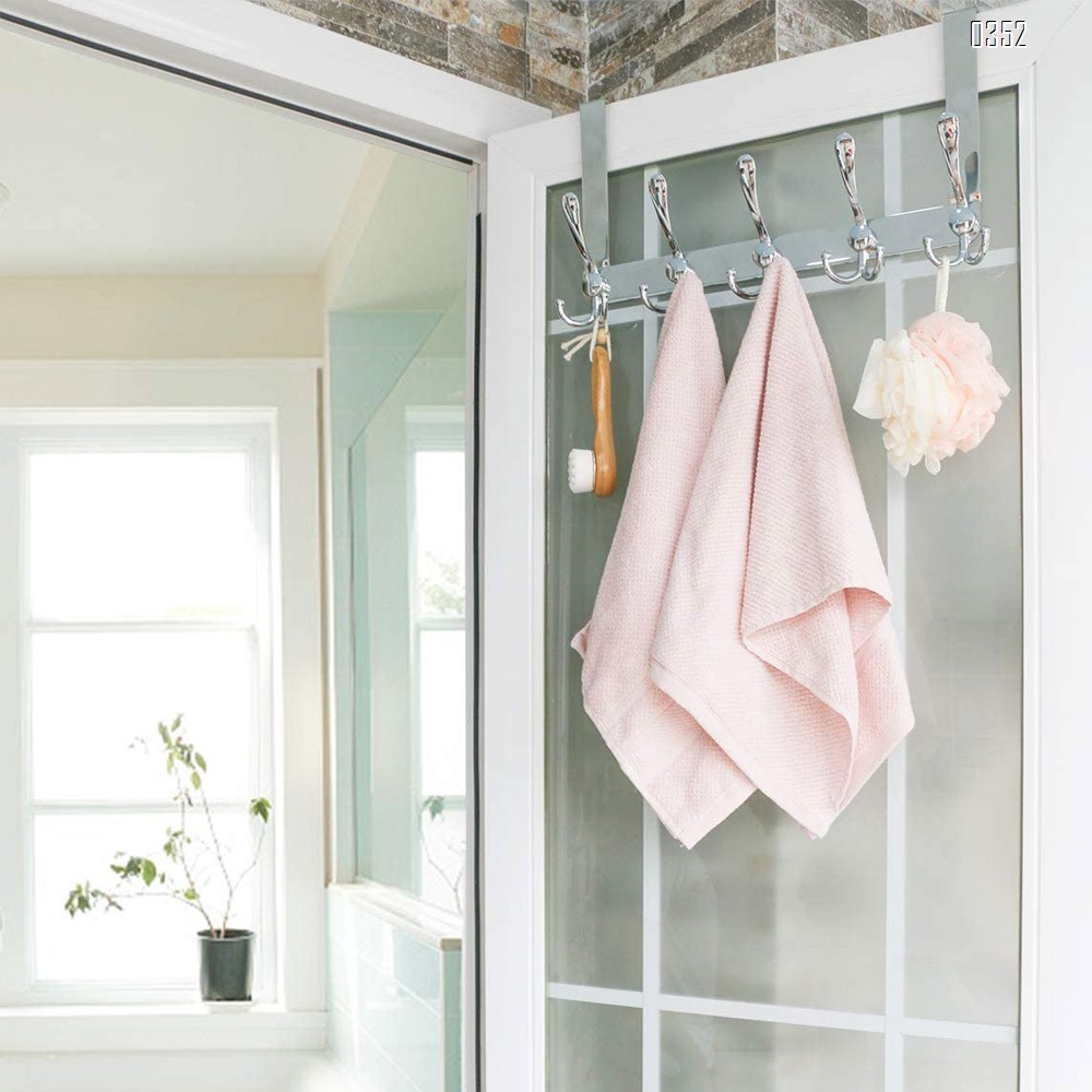 Over The Door Hook 5 Tri Hooks, Assembly Heavy Duty Over Door Hook for Hanging Coats Clothes Towels, Over Door Hanger for Bathroom Bedroom, Silvery