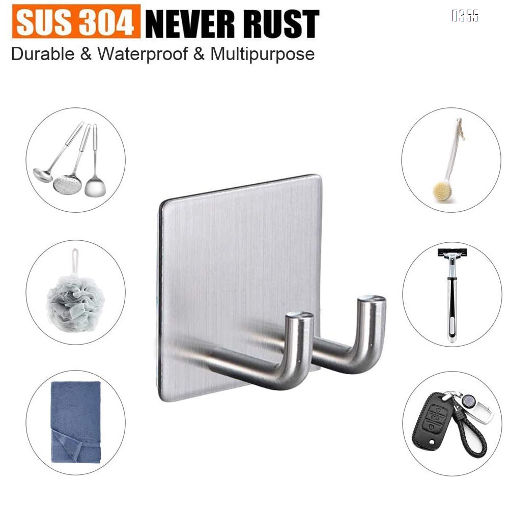 Self Adhesive Razor Hook for Shower, Cabinadd Stainless Steel Double Prong Hook Self Adhesive Wall Hook Hanger for Keys, Kitchen Utensils
