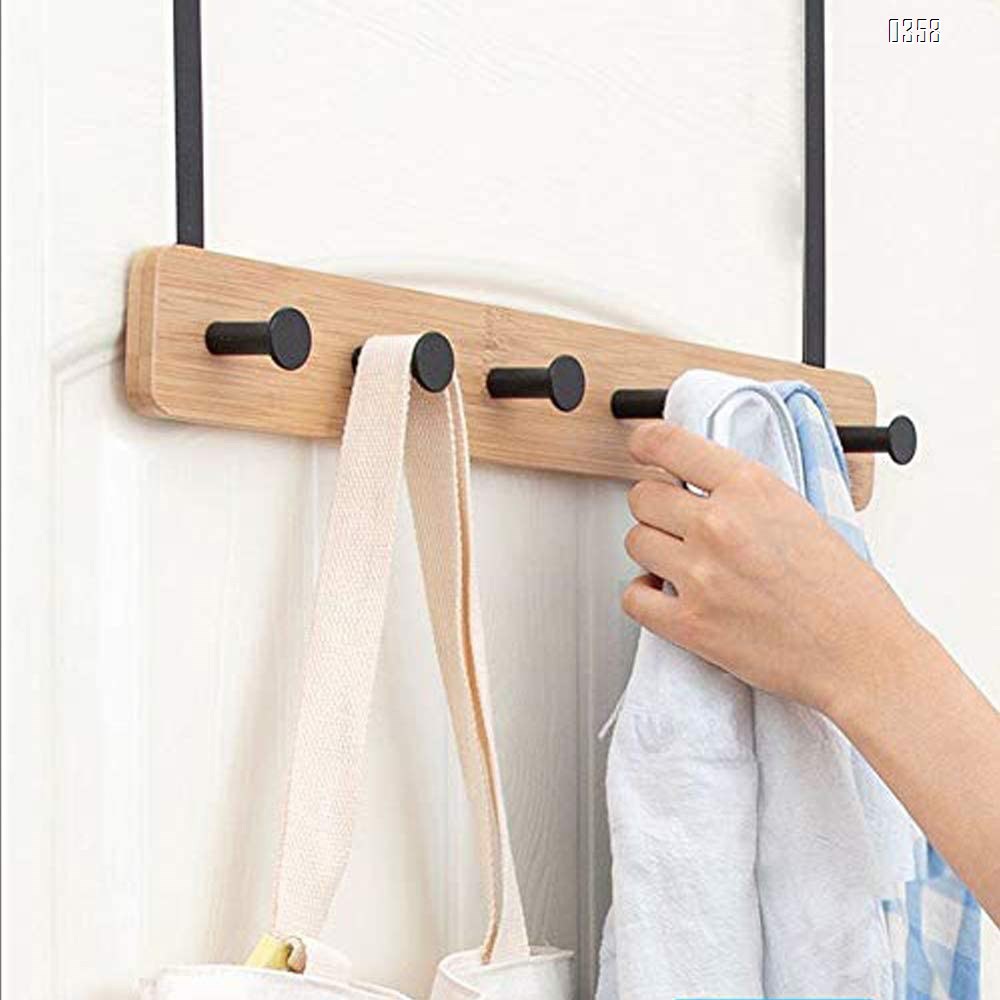Bamboo Wood  Over The Door Coat Rack 5 Hooks Heavy Duty for Hanging for Hanging Coats Robes Bags Keys (Black)