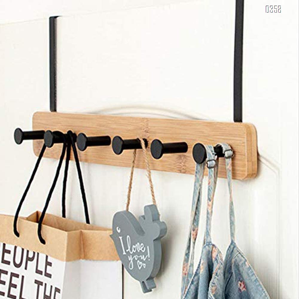 Bamboo Wood  Over The Door Coat Rack 5 Hooks Heavy Duty for Hanging for Hanging Coats Robes Bags Keys (Black)