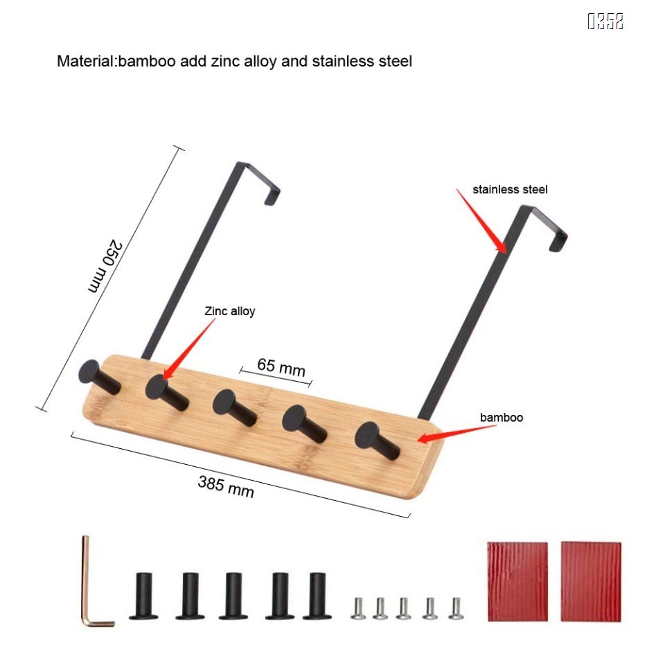Bamboo Wood  Over The Door Coat Rack 5 Hooks Heavy Duty for Hanging for Hanging Coats Robes Bags Keys (Black)