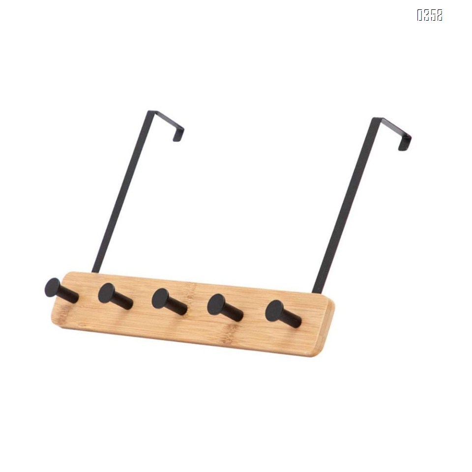 Bamboo Wood  Over The Door Coat Rack 5 Hooks Heavy Duty for Hanging for Hanging Coats Robes Bags Keys (Black)
