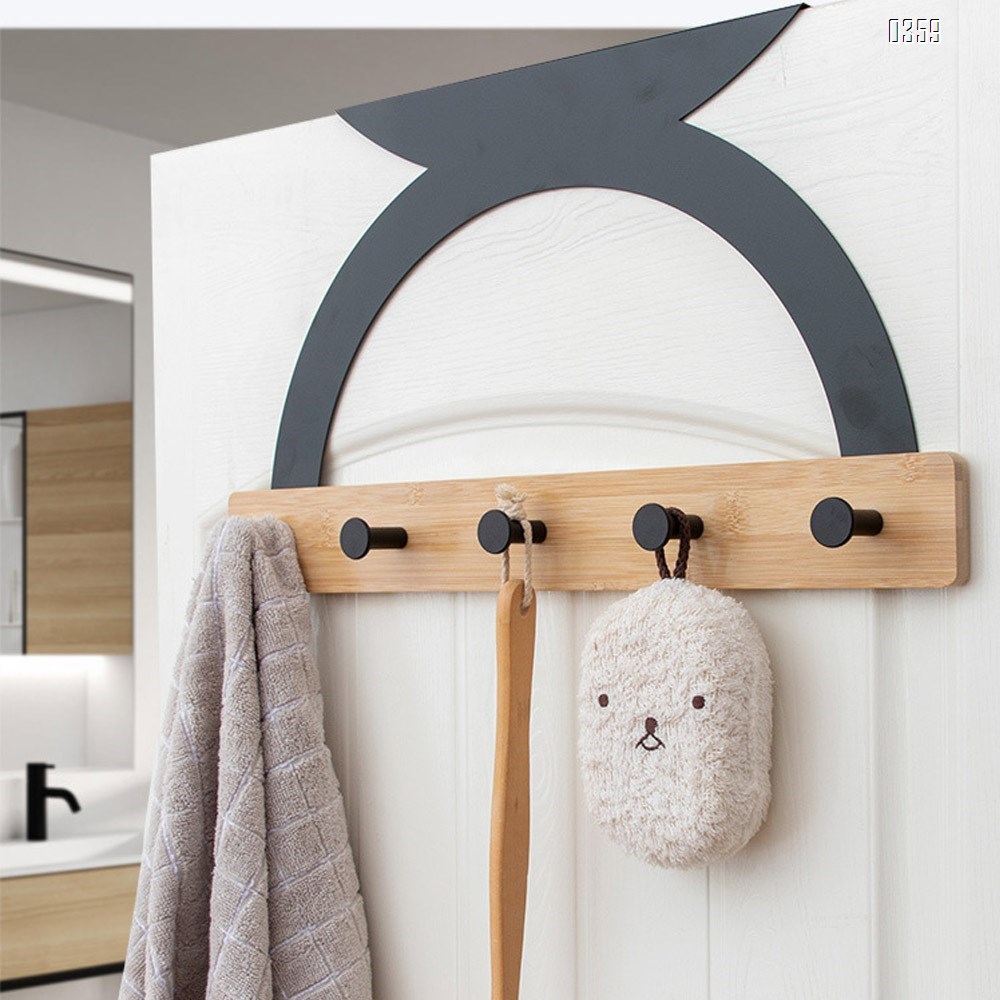 Semicircular Fashion European style Bamboo Wood Over The Door Coat Rack 5 Hooks Heavy Duty for Hanging for Hanging Coats Robes Bags Keys (Black)