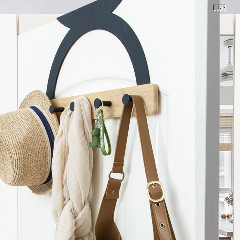 Semicircular Fashion European style Bamboo Wood Over The Door Coat Rack 5 Hooks Heavy Duty for Hanging for Hanging Coats Robes Bags Keys (Black)