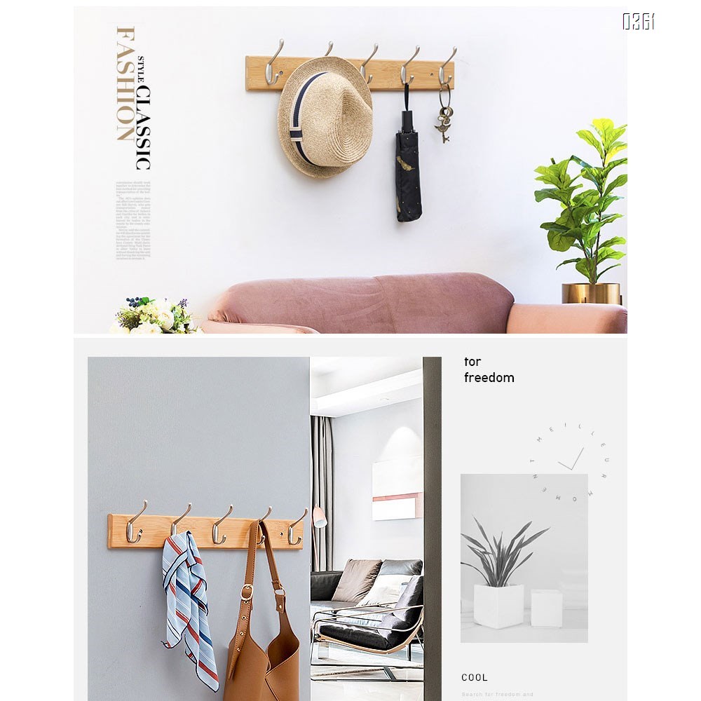 Bamboo Wall Mounted Coat Rack with 5 Rustic Chrome Heavy Duty Hooks for Entryway, Living Room, Kids Room