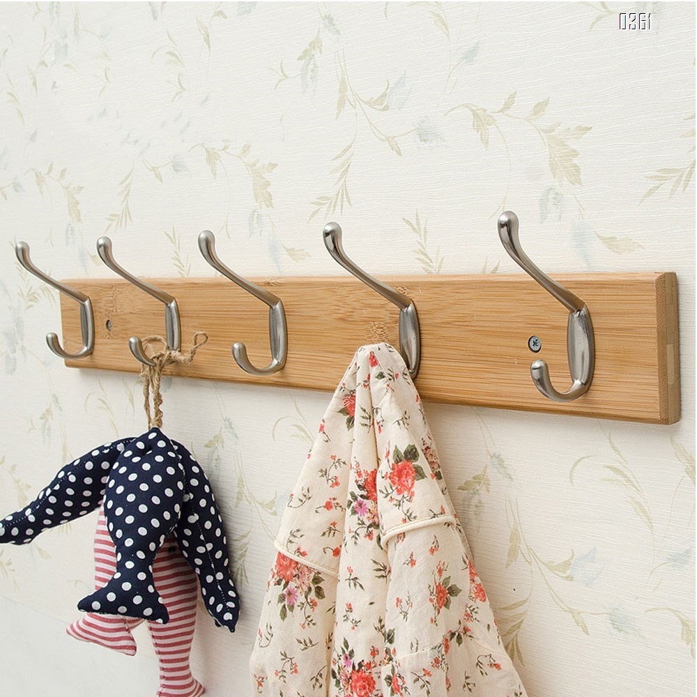 Bamboo Wall Mounted Coat Rack with 5 Rustic Chrome Heavy Duty Hooks for Entryway, Living Room, Kids Room