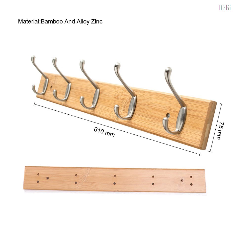 Bamboo Wall Mounted Coat Rack with 5 Rustic Chrome Heavy Duty Hooks for Entryway, Living Room, Kids Room