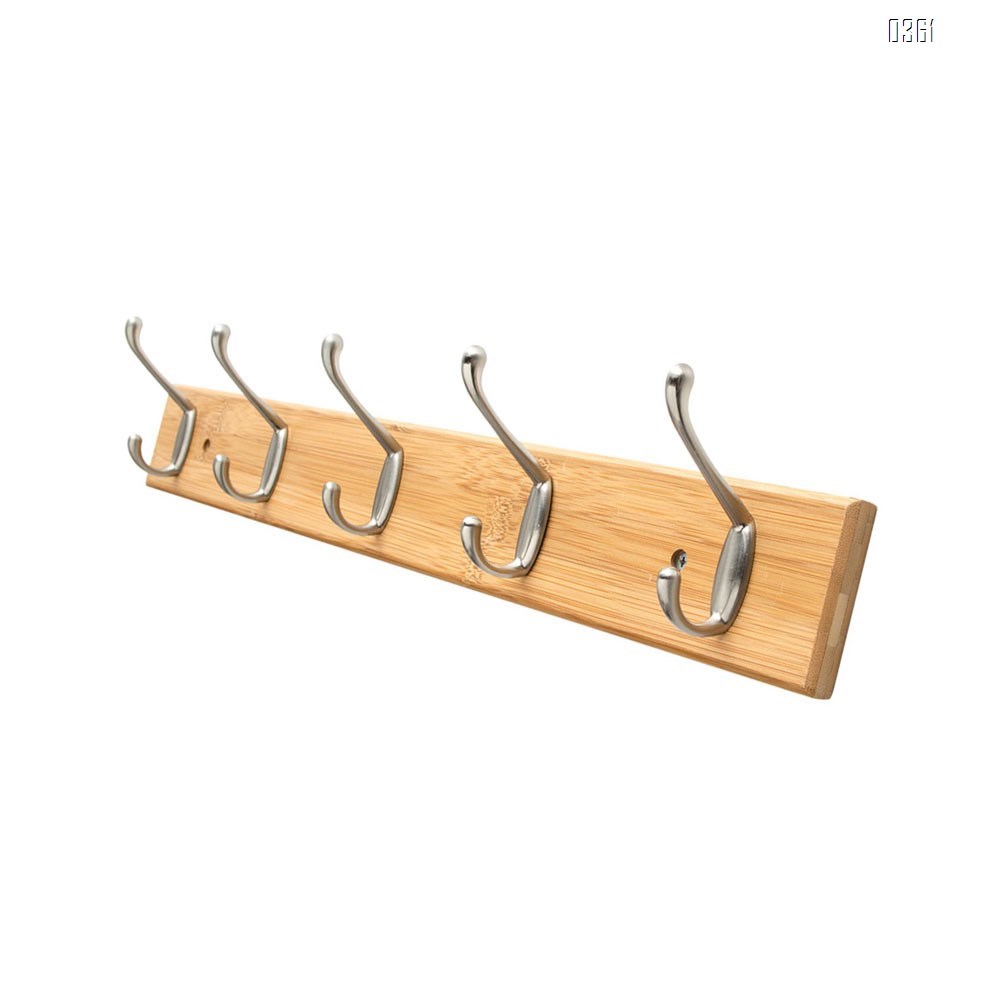 Bamboo Wall Mounted Coat Rack with 5 Rustic Chrome Heavy Duty Hooks for Entryway, Living Room, Kids Room