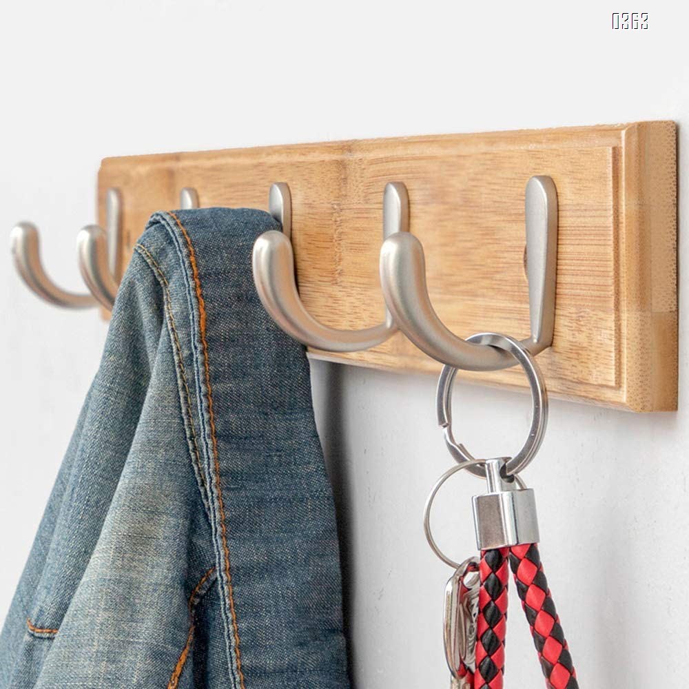 Natural Bamboo Coat Rack, Wall-Mounted Heavy Duty Coat Hooks, Towel Bag Key Holder Hanger Hook Rack for Entryway Bathroom Bedroom (5 Hooks)