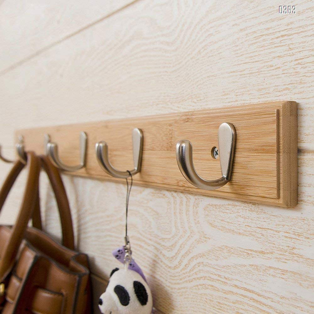 Natural Bamboo Coat Rack, Wall-Mounted Heavy Duty Coat Hooks, Towel Bag Key Holder Hanger Hook Rack for Entryway Bathroom Bedroom (5 Hooks)
