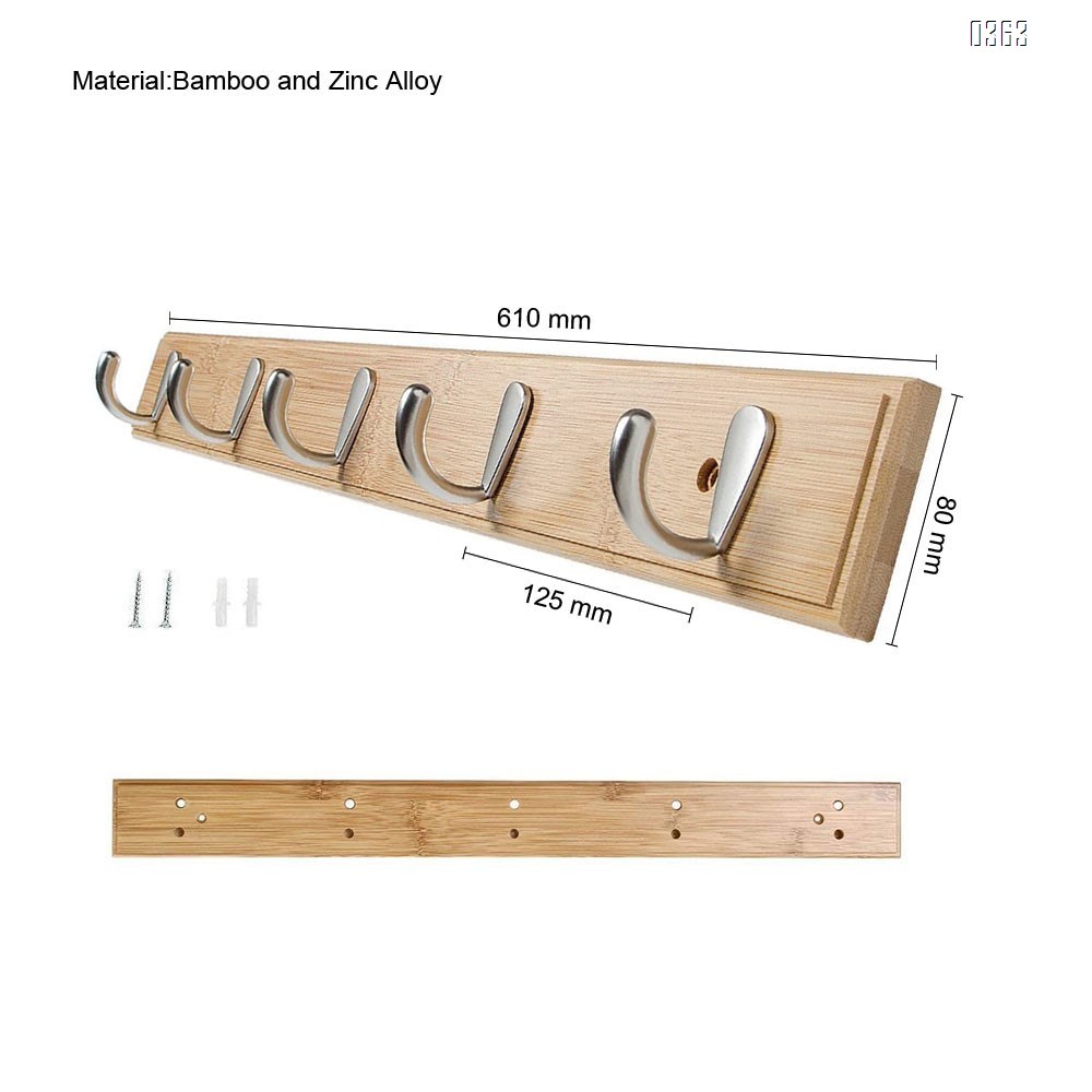 Natural Bamboo Coat Rack, Wall-Mounted Heavy Duty Coat Hooks, Towel Bag Key Holder Hanger Hook Rack for Entryway Bathroom Bedroom (5 Hooks)