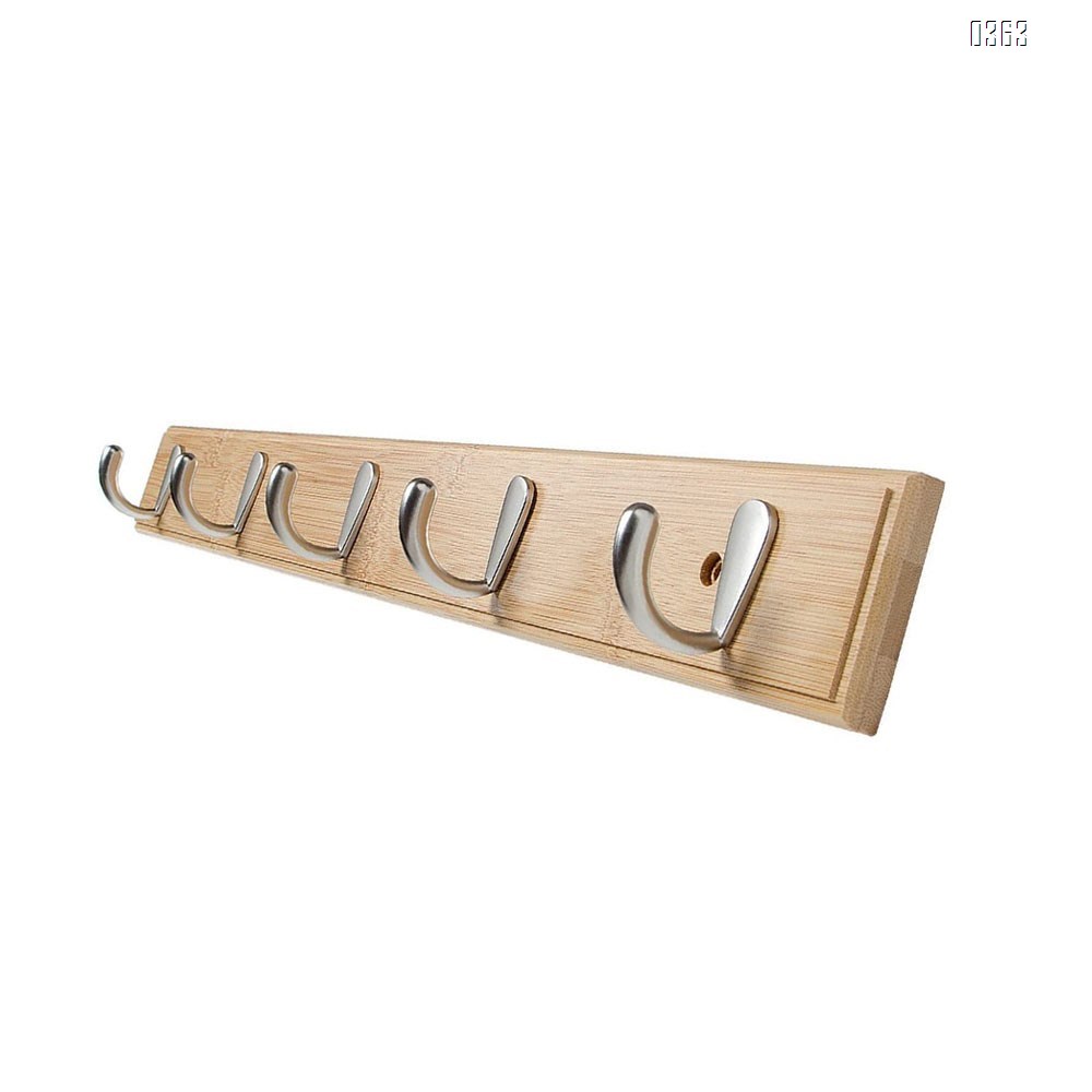 Natural Bamboo Coat Rack, Wall-Mounted Heavy Duty Coat Hooks, Towel Bag Key Holder Hanger Hook Rack for Entryway Bathroom Bedroom (5 Hooks)