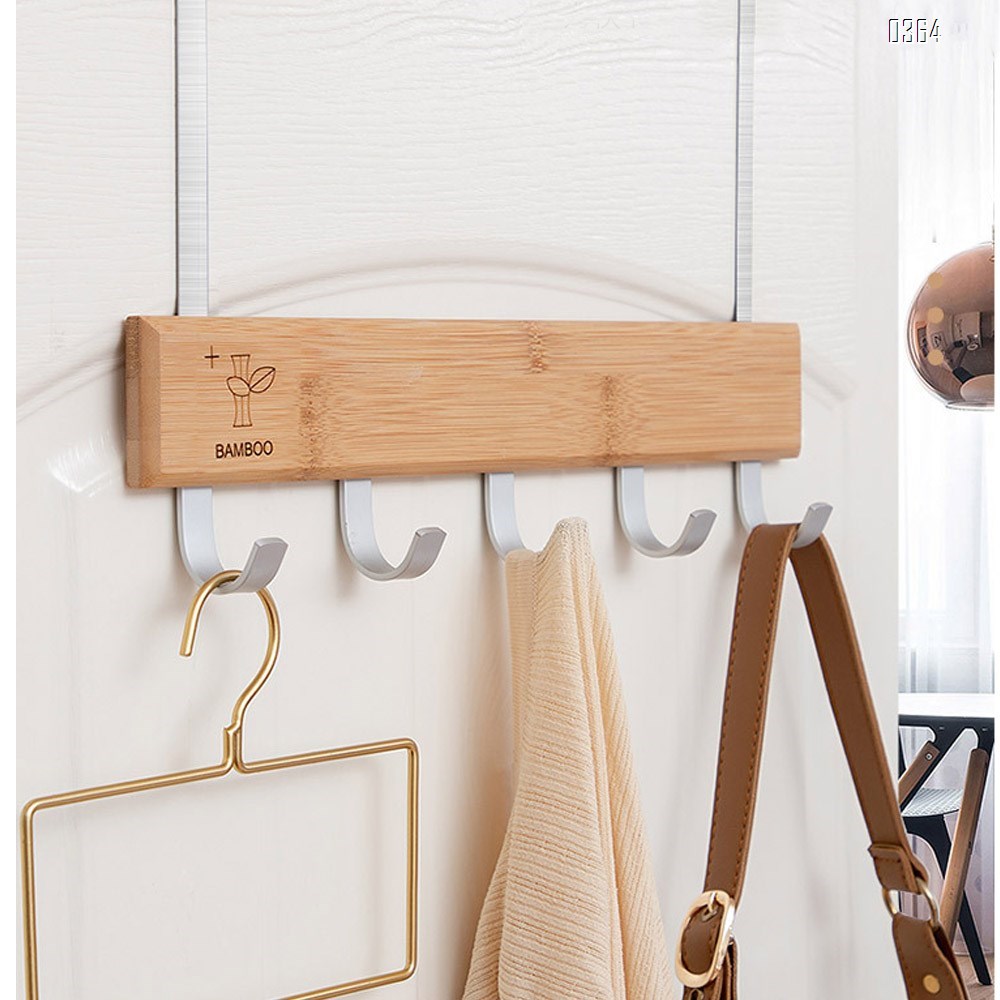 Bamboo Wood Over-The-Door Coat Towel Rack, 5 Hooks