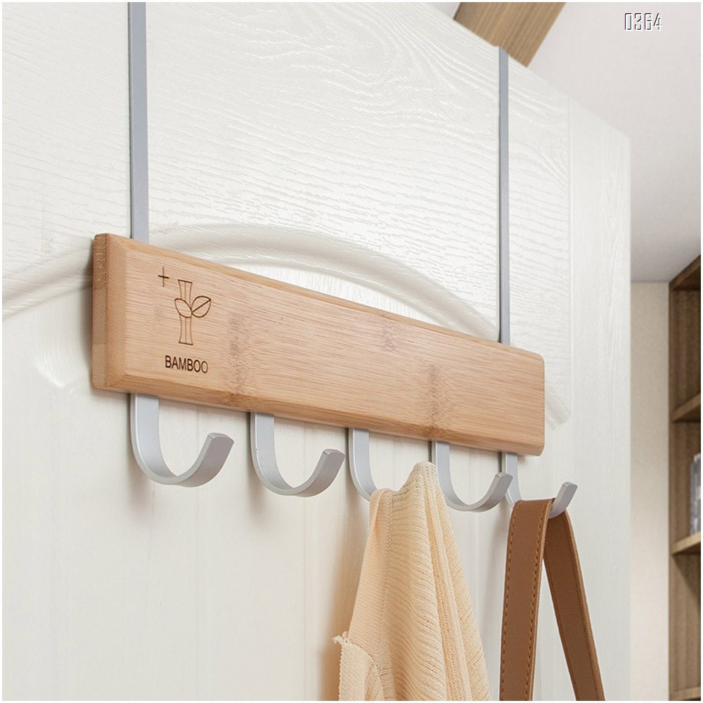 Bamboo Wood Over-The-Door Coat Towel Rack, 5 Hooks
