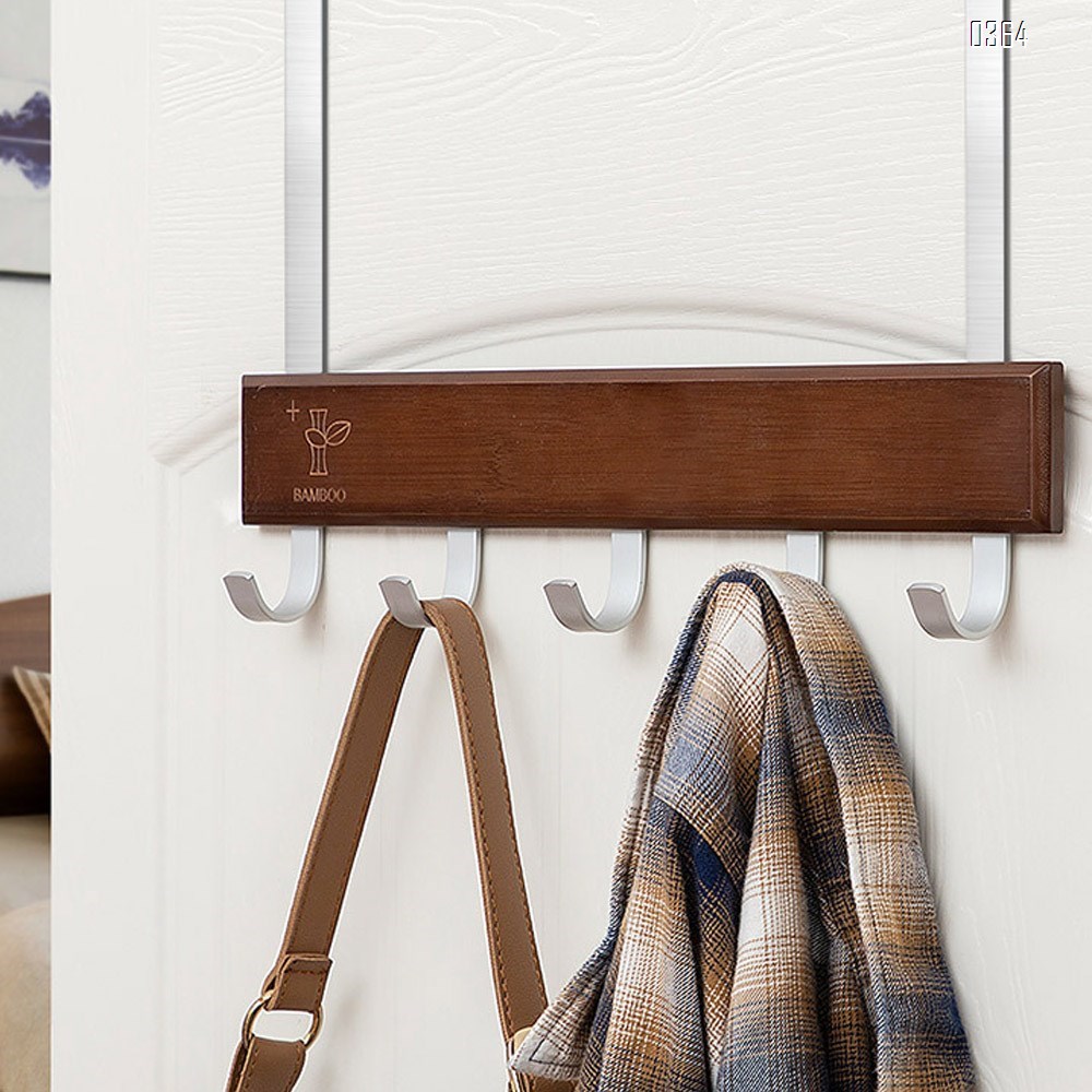 Bamboo Wood Over-The-Door Coat Towel Rack, 5 Hooks