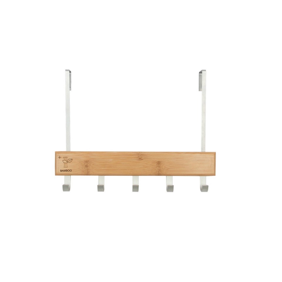Bamboo Wood Over-The-Door Coat Towel Rack, 5 Hooks
