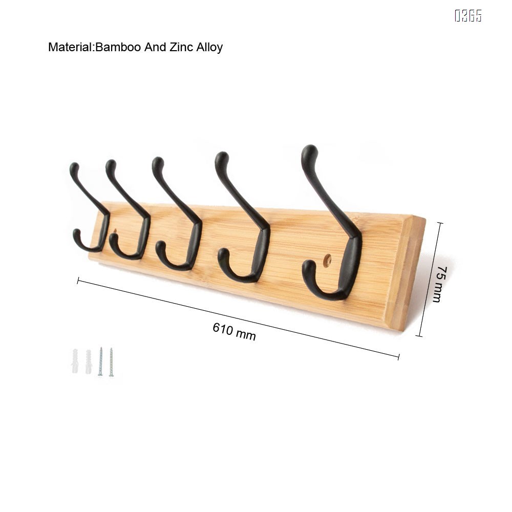 Bamboo Coat Rack Wooden Wall Mounted, Entryway Organize Hooks for Hanging Coats, Decorative for Bathroom, Bedroom, Kitchen, Mudroom
