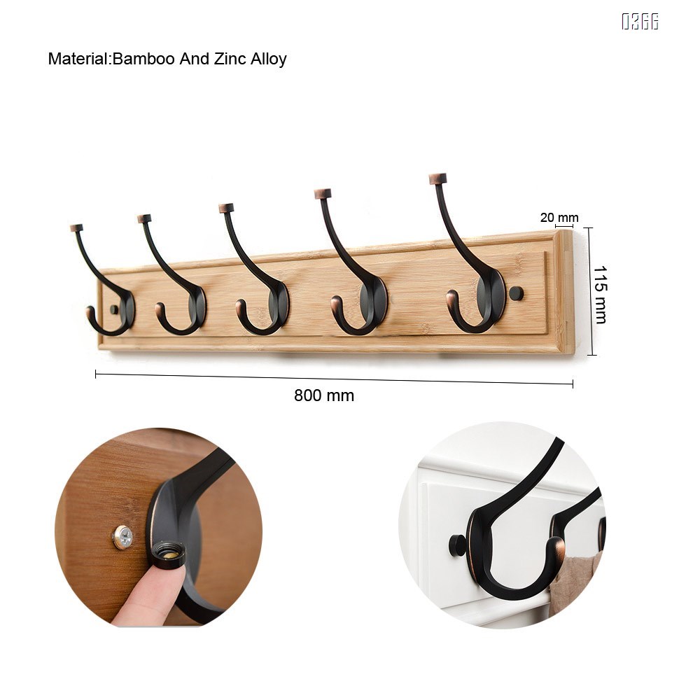 Bamboo Wall Mounted Coat Rack - with 5 Hooks – Modern Decor for Hanging Towels, Keys, Jackets, Dog Leash for Bedroom, Hallway, Entryway, Mudroom