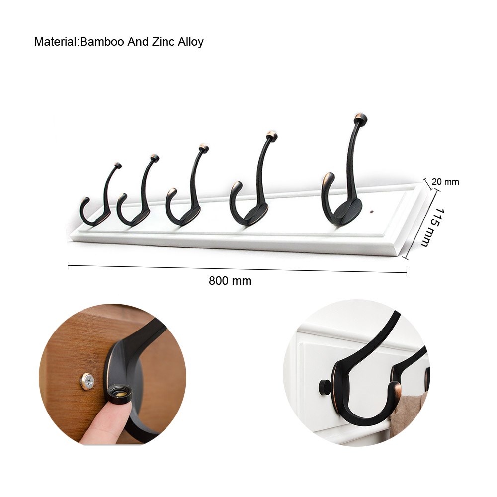 White Bamboo Wall Mounted Coat Rack - with 5 Hooks – Modern Decor for Hanging Towels, Keys, Jackets, Dog Leash for Bedroom, Hallway, Entryway, Mudroom