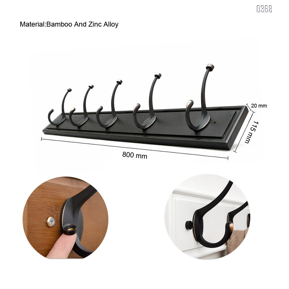Black Bamboo Wall Mounted Coat Rack - with 5 Hooks – Modern Decor for Hanging Towels, Keys, Jackets, Dog Leash for Bedroom, Hallway, Entryway, Mudroom
