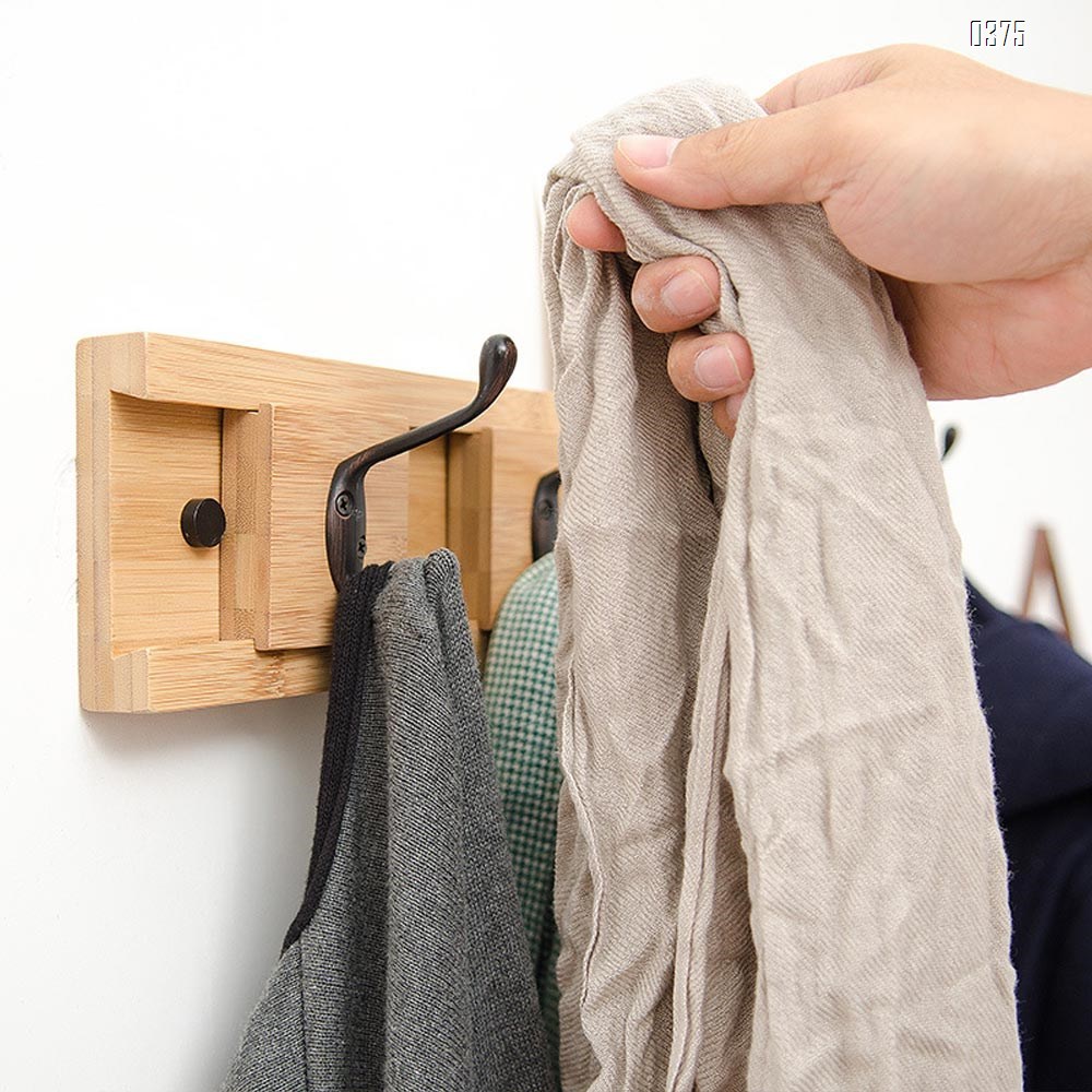 Bamboo Wall Mounted Slide Coat Rack  Shelf with 5 Rustic Hooks - Solid Bamboo Wood. Perfect touch for your Entryway, Mudroom, Kitchen, Bathroom