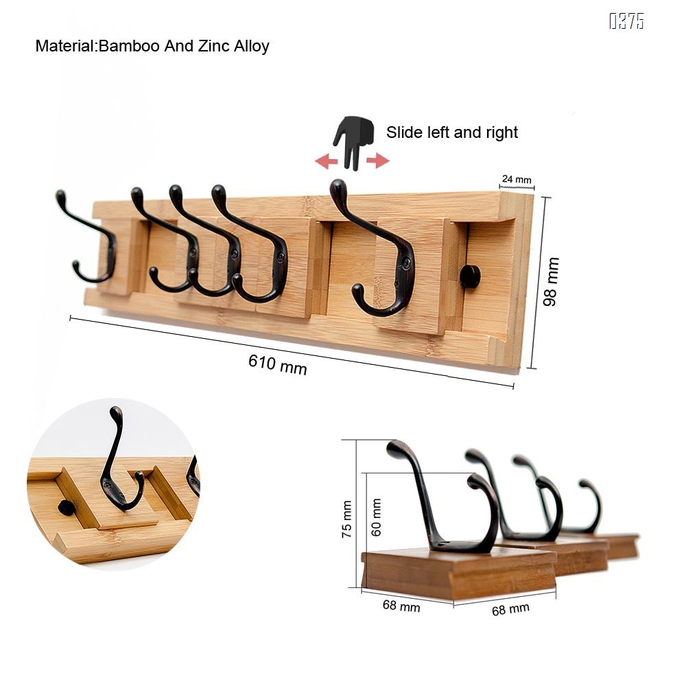 Bamboo Wall Mounted Slide Coat Rack  Shelf with 5 Rustic Hooks - Solid Bamboo Wood. Perfect touch for your Entryway, Mudroom, Kitchen, Bathroom