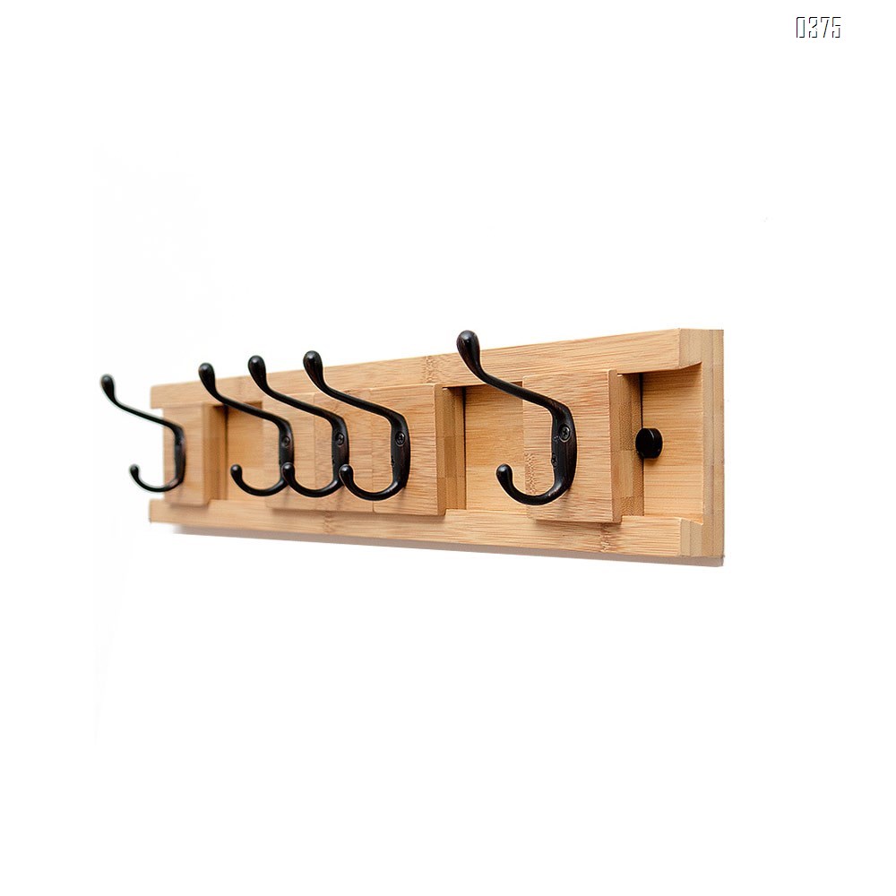 Bamboo Wall Mounted Slide Coat Rack  Shelf with 5 Rustic Hooks - Solid Bamboo Wood. Perfect touch for your Entryway, Mudroom, Kitchen, Bathroom