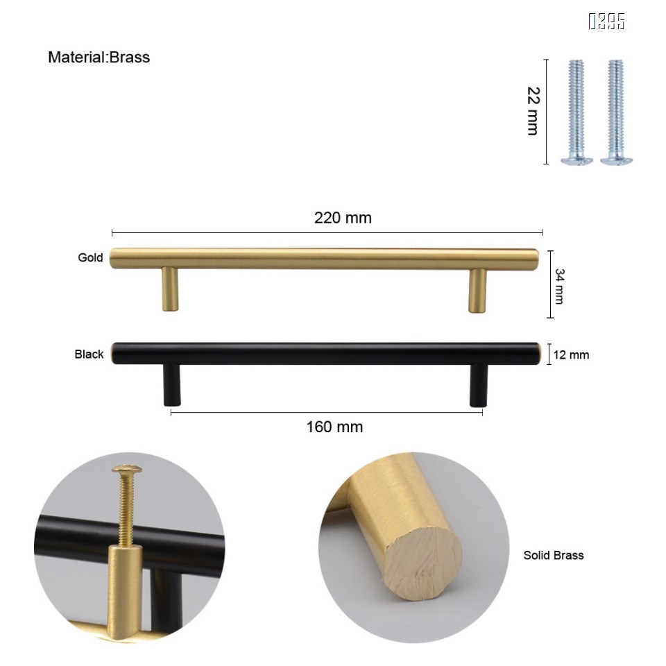 6.3 Inch(160mm) Hole Centers Cabinet Pulls Matte Black And Gold Drawer Pulls Kitchen Cabinet Handles Solid Brass T Bar Pulls for Drawer Flat Kitchen Hardware