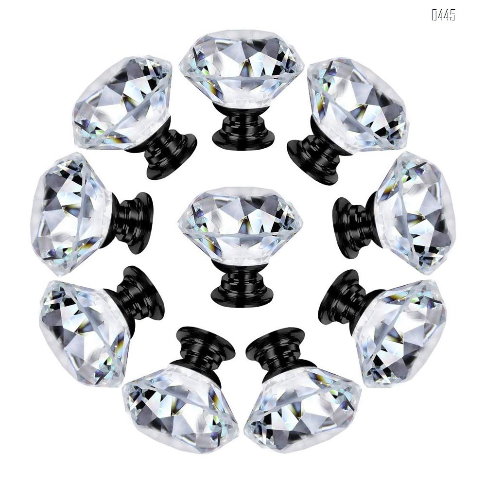 Dresser Drawer Cabinet Knobs 35mm Diamond Shaped Crystal Glass Knobs Pulls for Kitchen Wardrobe Cupboard (10 Pack, Black)