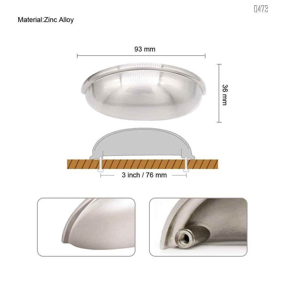 Kitchen Cabinet Cup Pulls, Brushed Nickel Bin Cup Handles 3 Inch 76mm Zinc Alloy Kitchen Cabinet Hardware Cup Pull