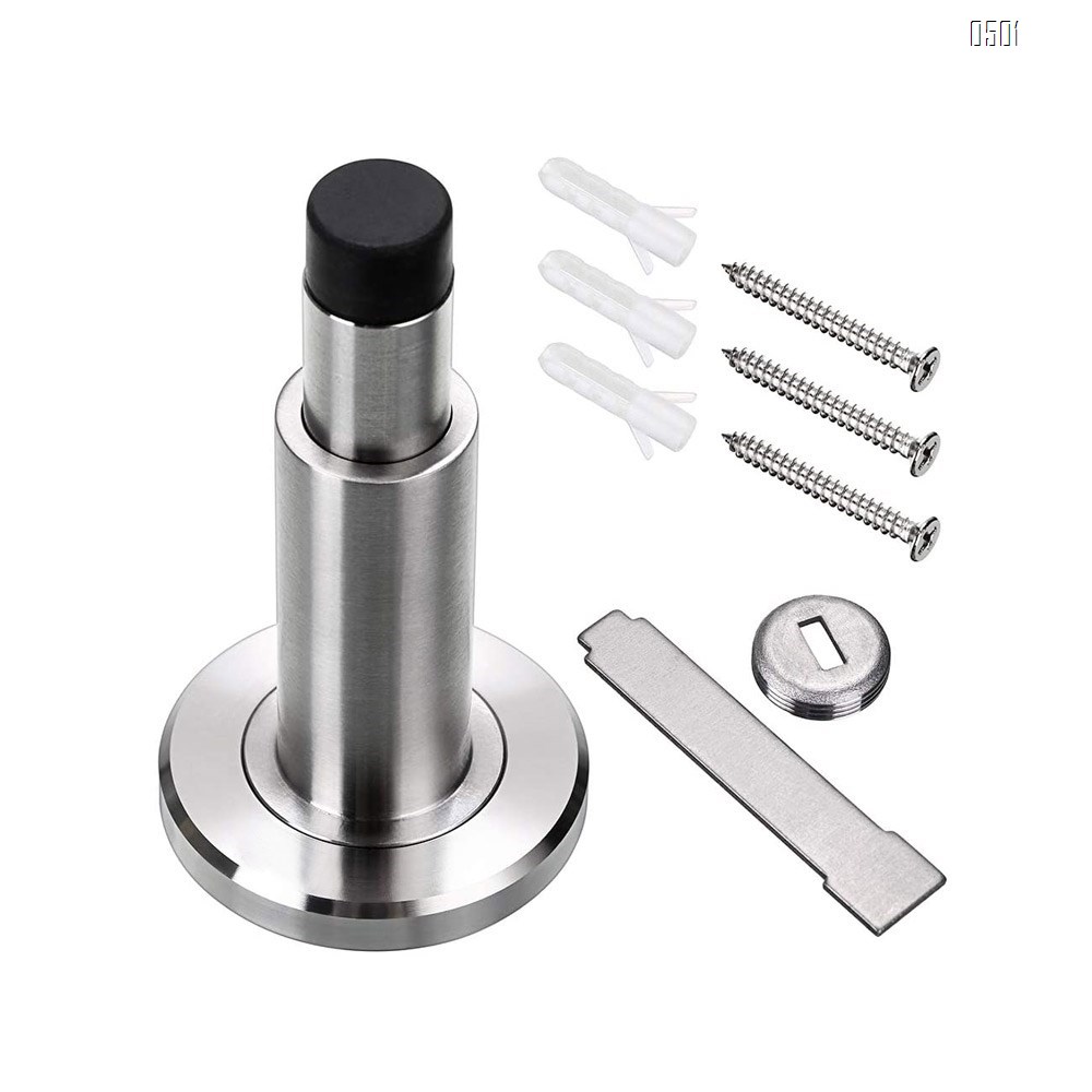 Stainless Steel Adjustable Door Stopper - Heavy Duty Door Stop with Rubber Bumper, Wall Mounted Solid Doorstop with Screws, Brushed Finish